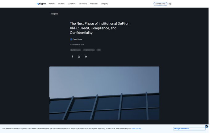 A Ripple insights webpage titled "The Next Phase of Institutional DeFi on XRPL: Credit, Compliance, and Confidentiality," dated September 25, 2025, by Team Ripple, set against a dark background with an image of a bridge. The page aligns with the post's mention of Messari's State of XRP Q1 2026 report, as both highlight the growing institutional and ecosystem maturity of the XRP Ledger.