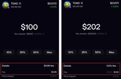 The image shows two side-by-side screenshots of crypto swap interfaces for the token $TOAD, displaying trades of $100 and $202 with price impact details and a "Pool has 0%" warning, illustrating significant slippage and poor trade execution that mirrors the post's complaint about losing money on a swap transaction.