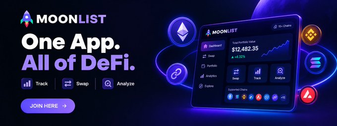 A promotional banner for MoonList showcases the tagline "One App. All of DeFi." with features to "Track," "Swap," and "Analyze" across "15+ Chains," displaying a dashboard with a total portfolio value of "$12,482.35" and a "+4.32%" gain. The image visually reinforces the post's message by presenting MoonList as a unified command center that simplifies DeFi management across multiple chains.