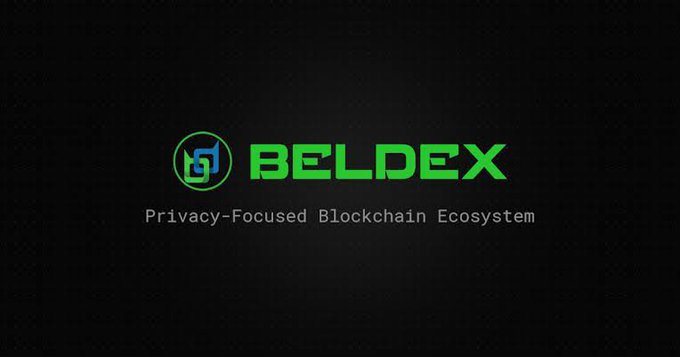 The image displays the Beldex logo and branding, featuring a circular emblem with interlocking blue and green elements alongside the green "BELDEX" text, with the tagline "Privacy-Focused Blockchain Ecosystem" beneath it. The accompanying post about adding EVM compatibility to a privacy chain aligns with Beldex's privacy-focused identity, as the project aims to bring smart contract functionality while maintaining the confidential state that distinguishes privacy-centric blockchains from traditional EVM chains.