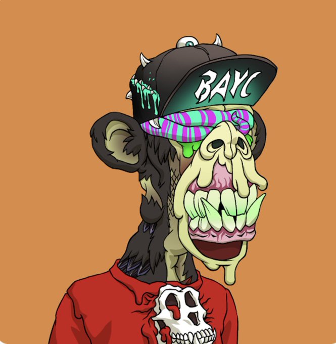 Cartoon ape character wearing a black 'BAYC' cap with melting green and purple visor, displaying sharp teeth and a red hoodie with a skull design.