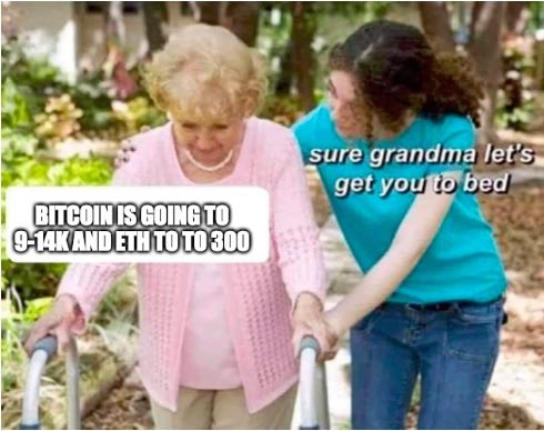 The image shows a younger woman helping an elderly woman walk with a walker, with the younger one captioned "sure grandma let's get you to bed" and the elderly woman captioned "BITCOIN IS GOING TO 9-14K AND ETH TO 300" — humorously suggesting that the bearish crypto prediction is so absurd it's like a delirious grandma being escorted to bed, referencing the post's $BTC and $ETH tickers.