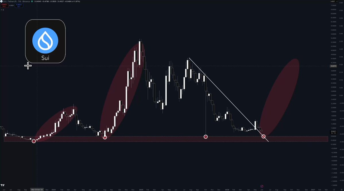 The image shows an altcoin chart with a red line indicating its price trends over time. A blue "S" logo is displayed, which represents a cryptocurrency named SUI that has been experiencing downward pressure due to a recent crash. The chart indicates that this altcoin is currently at a critical level and actively moving towards the historical support level. This suggests that the coin might have reached a low point in its price history, causing it to decline in value.