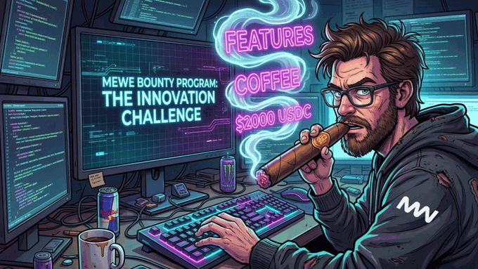 A bearded developer wearing glasses smokes a cigar while coding at a multi-monitor setup, with a glowing neon sign reading "FEATURES COFFEE $2000 USDC" alongside a screen displaying "MEWE BOUNTY PROGRAM: THE INNOVATION CHALLENGE." The cyberpunk-style illustration captures the urgency of the post's "last call" for builders to submit their projects before Round 1 submissions close tonight, with the $2000 USDC prize hinting at the bounty rewards up for grabs.