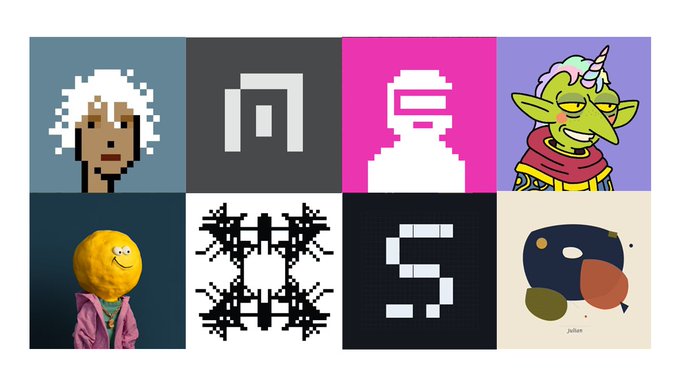 The image features a collection of nine different artworks, each with its own unique style and subject matter. The artworks include various cartoon characters such as a man, an elf, a unicorn, and a robot. These characters are depicted in different colors including pink, purple, green, yellow, orange, blue, black, white, and gray. Each artwork is accompanied by a caption that provides information about the piece or artist. The post also includes a link to the original source of these artworks, allowing viewers to explore more details about each piece.