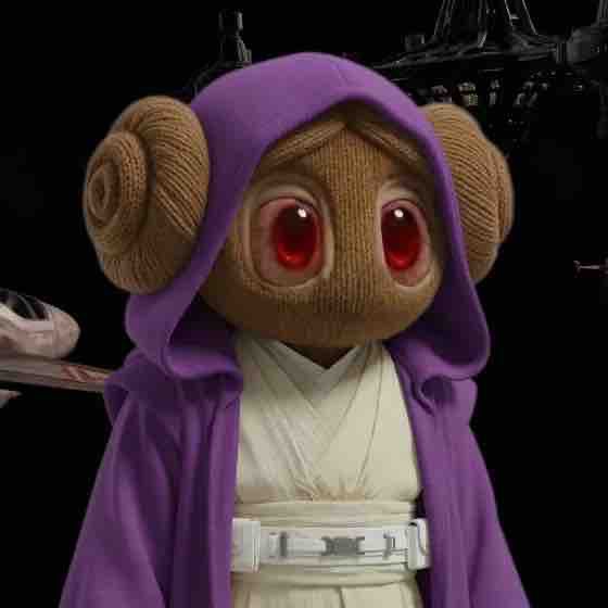 A 3D rendering of a knitted doll character with red eyes, wearing a purple hooded robe and cream-colored Jedi-style tunic, resembling a Star Wars figure.