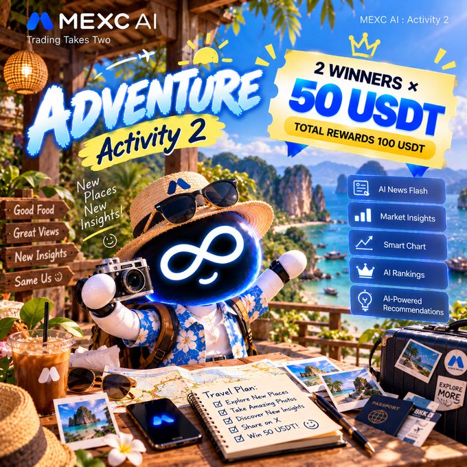 A promotional graphic for 'MEXC AI Adventure Activity 2' advertises rewards of 50 USDT per winner with travel-themed imagery.