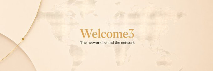 A welcome banner reads "Welcome3 - The network behind the network" in gold text over a beige world map dotted background with decorative golden curves.