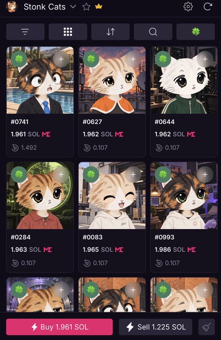 A screenshot of an NFT marketplace called 'Stonk Cats' displaying various cartoon cat NFTs with prices in SOL (Solana), ranging from 1.961 to 1.986 SOL.