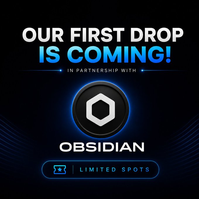 The image features a promotional poster for an upcoming release of the @ObsidianSwap Card Break, which is a limited edition trading card game that uses the Obsidian cryptocurrency. The poster includes a black background with blue neon lines, and the main focus is on the Obsidian Swapping Card. The text in the image reads "Our first drop is coming!" and there's an image of the Obsidian Swapping Card below it. Additionally, there are two small icons related to the game: one for Mintpad and another for a limited edition release.
