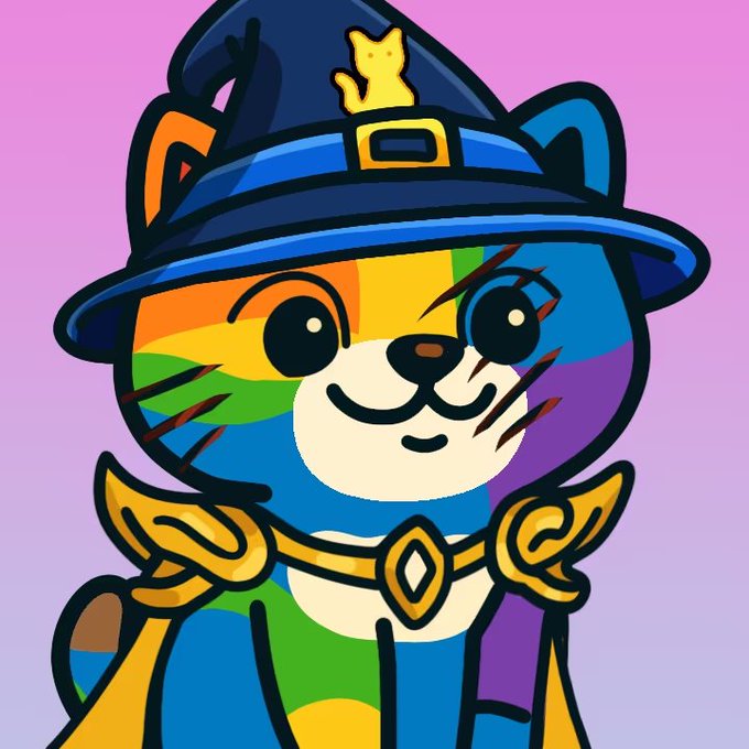A colorful cartoon cat wearing a wizard hat with a small yellow rabbit on top, featuring rainbow-colored fur and a golden cape collar against a pink and purple gradient background.
