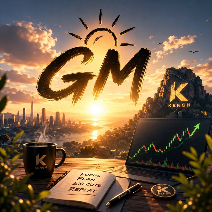 A promotional graphic for KENGN featuring a stylized sun with 'GM' text, a coffee mug with the KENGN logo, a notebook listing 'FOCUS, PLAN, EXECUTE, REPEAT', and a laptop displaying an upward-trending green stock chart against a sunset cityscape.