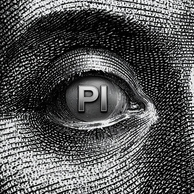 A black and white abstract artwork featuring swirling textured lines surrounding a central eye-like shape with the letters 'PI' in the middle.