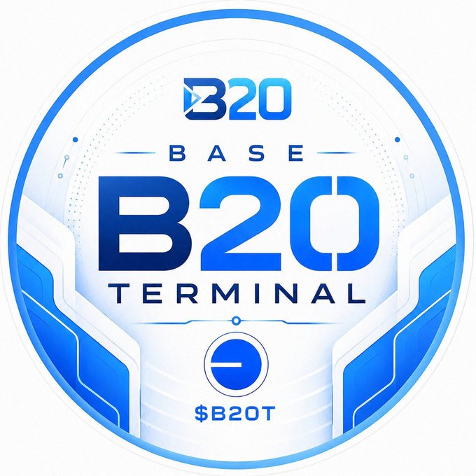 A blue and white circular logo featuring "B20 BASE TERMINAL" text with the ticker "$B2OT" prominently displayed, symbolizing the B2OT token whose supply reduction burn of 7.5 million tokens is highlighted in the accompanying post.