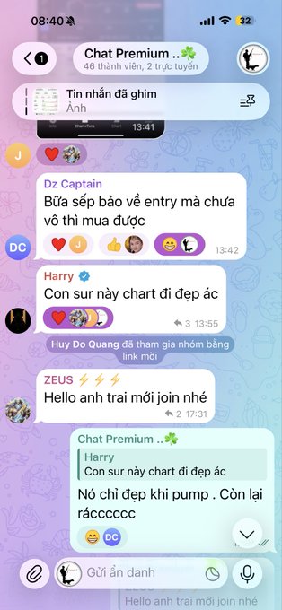 A Telegram chat screenshot in Vietnamese discussing a coin's chart, with messages mentioning "Dz Captain" and "Harry" in the "Chat Premium" group.
