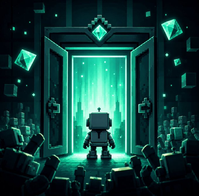 A small robot stands before a glowing cyan doorway surrounded by floating cubes and gems, symbolizing an accessible gateway or portal. The mystical entrance visually reinforces the post's message of a newly opened, reduced-price mint offering the community a fair chance to pass through.