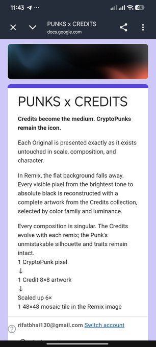 A mobile screenshot from Google Docs displaying "PUNKS x CREDITS" documentation explaining that Credits become the medium and CryptoPunks remain the icon, detailing how each Original is presented with Remixed artwork.