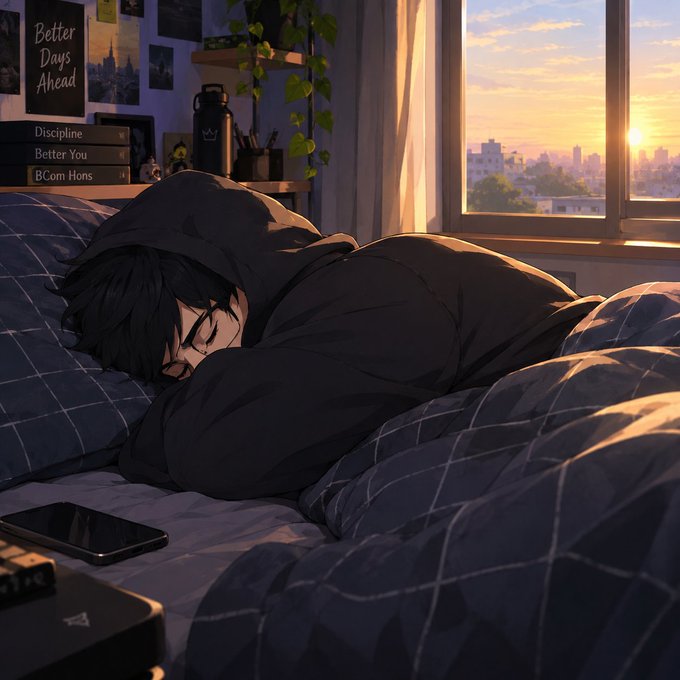 An anime-style illustration of a dark-haired boy sleeping in a messy bed, with a "Better Days Ahead" poster, stacked books titled "Discipline," "Better You," and "BCom Hons," and a sunset cityscape visible through the window.