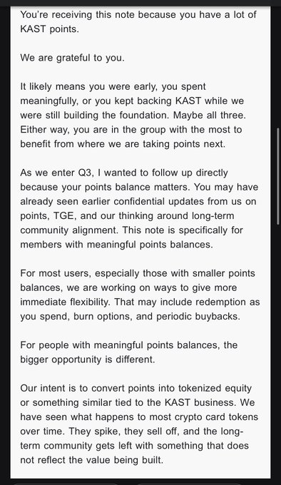A screenshot of an email from KAST addressed to members with significant points balances, explaining that the company is exploring converting points into tokenized equity tied to the KAST business rather than a traditional airdrop. The note reassures users they won't be left with a devalued token, which aligns with the post's skepticism about delayed crypto card airdrops like KAST's and preference for immediate cashback rewards.