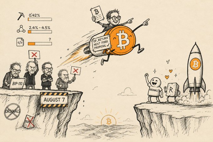 The cartoon shows Luke Dashjr and fellow developers holding "BIP-110" and red X signs, rejecting Ordinals and Runes on a cliff marked "AUGUST 7," while a Bitcoin rocket blasts off carrying Peter Todd with a "OP_RETURN NEXT FORK PROPOSAL" message toward an Ordinals rocket on the opposite cliff, illustrating the in-fighting over the August 7th BIP-110 attempt to block Ordinals/Runes trades.