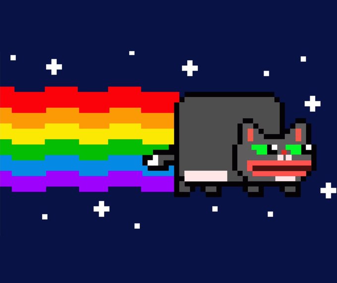 Pixel art of a black cat with a red mouth and green eyes running through space with a rainbow trail behind it against a starry dark blue background (Nyan Cat).