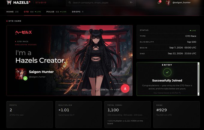 A dashboard for Hazels Studio showing a GTD Race card for user 'saigon_hunter', featuring an anime-style illustration and statistics including 2 posts, 1,100 Total YORAI, and Rank #929.