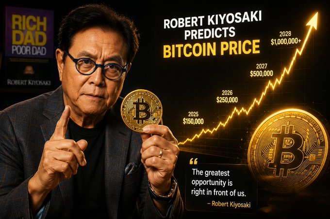 A promotional graphic featuring Robert Kiyosaki holding a Bitcoin coin next to his 'Rich Dad Poor Dad' book, with a price prediction chart showing Bitcoin reaching $1,000,000+ by 2028.