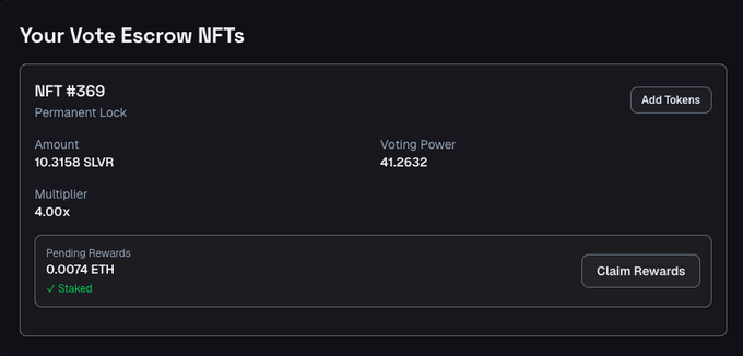 Screenshot of a cryptocurrency interface titled 'Your Vote Escrow NFTs' showing NFT #369 with a Permanent Lock of 10.3158 SLVR and a voting power of 41.2632.