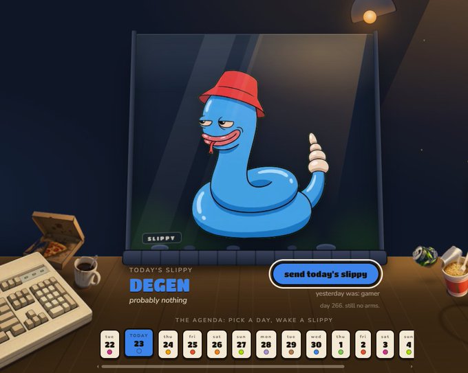 A daily character selection page for the Slippy NFT project, featuring a blue worm/snake character called 'DEGEN' wearing a red bucket hat, with a calendar interface to select days and a 'send today's slippy' button.