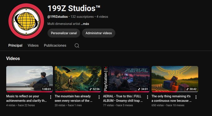 A YouTube channel page for '199Z Studios™' (@199Zstudios) with 132 subscribers and 4 videos, featuring music and gaming content including albums titled 'AERIAL - True to this' and 'Dreamy chill trap'.
