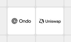 A blurry close-up image showing the 'Ondo' and 'Uniswap' logos on a white background.