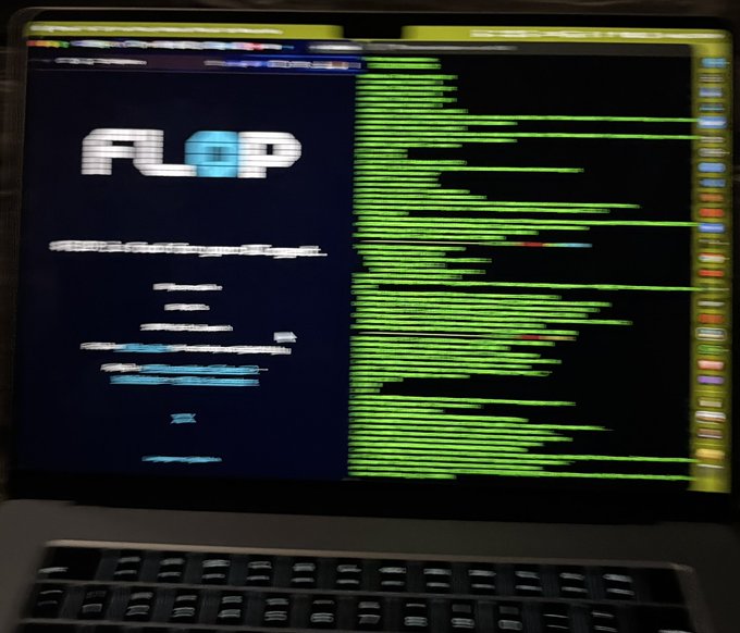 A laptop screen displays the FL Studio digital audio workstation (DAW) interface with various tracks and patterns visible in green and blue.