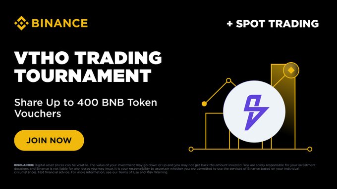 Binance is promoting a VTHO Spot Trading Tournament with a chance to win up to 400 BNB token vouchers, featuring a "Join Now" button and the Binance logo, matching the post's call to action about climbing a leaderboard and sharing token rewards.