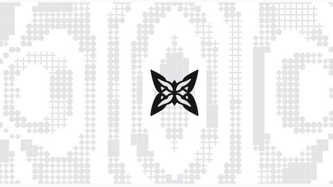 A black butterfly-shaped emblem is centered on a light gray pixelated and geometric background pattern.