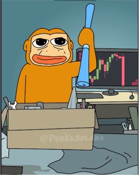 A cartoon illustration of an orange monkey wearing sunglasses holding a blue baseball bat in front of a computer monitor displaying a stock candlestick chart, with the watermark '@PonkEsolana' on a box below.