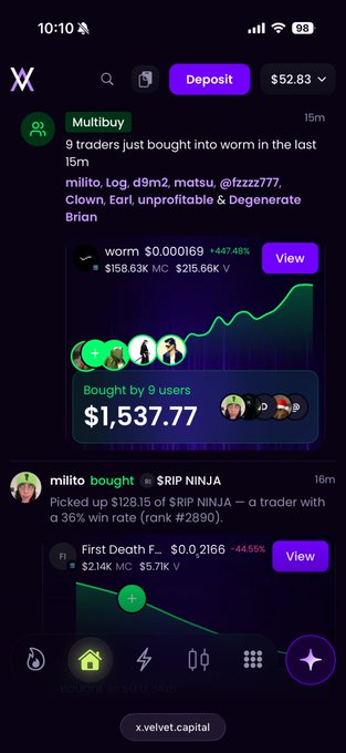 A screenshot of a crypto trading app called 'x' showing multibuy alerts and a user's balance of $52.83.