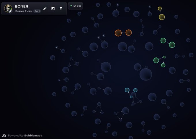 A Bubblemaps visualization showing a network of connected circles in various colors (orange, green, blue) with a wallet labeled "BONER" having 240 Boner Coins.