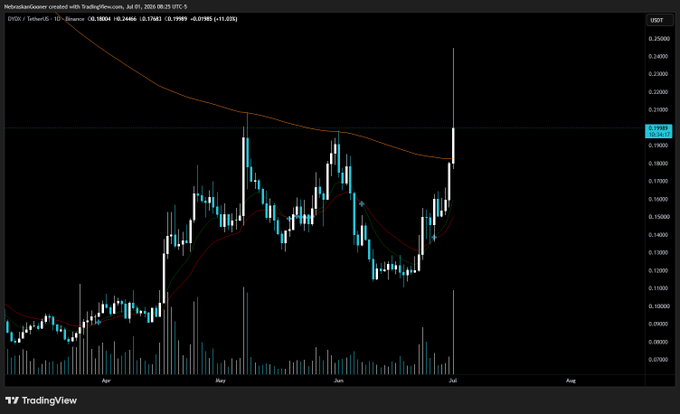 A TradingView daily chart of DYDX/USDT on Binance shows a dramatic recent breakout, with the price spiking above the 50-day moving average near $0.25 and trading around $0.19884, accompanied by a sharp surge in volume—suggesting the speculative hype referenced in the post may be cooling after the pump.