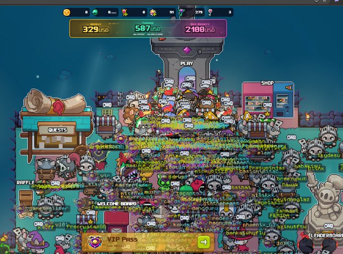 A chaotic screenshot of the Onchain Heroes NFT game showing massive overcrowding in the virtual lobby with numerous panda characters stacked together, player usernames flooding the screen, and prizes displayed including a Daily reward of $329, Weekly $587, and Legendary $2100. The image visually represents the post's reaction to the "850 WL" giveaway chaos, as the overwhelming flood of players attempting to claim rewards has turned the scene into utter pandemonium.