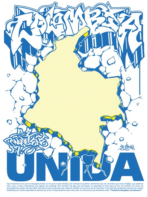 A stylized blue and white graphic poster featuring graffiti-style lettering at the top and a yellow shape resembling a map of Colombia, with 'UNIDA' written at the bottom and Spanish text below.