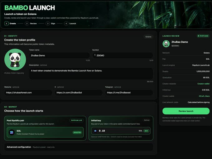 A 'BAMBO LAUNCH' interface for creating a token on Solana, showing a demo token profile 'ZhuBao Demo' with symbol 'ZBDEMO,' a pool liquidity pair of SOL, and an initial buy of 0.10 SOL.