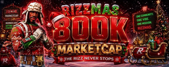 A festive Christmas-themed banner promoting "RIZZMAS 800K MARKETCAP" with the slogan "THE RIZZ NEVER STOPS," featuring a character in holiday attire next to a sleigh and the text "ONE COMMUNITY. ONE VIBE. ONE MISSION. RIZZMAS."
