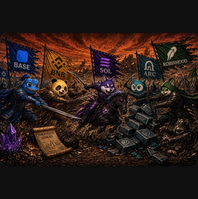 A dramatic battle scene depicts crypto mascots—Base's blue ninja, BNB's panda, SOL's Husky knight on horseback, ARC's owl, and Robinhood's green feathered warrior—waging war under fiery flags, with piles of USDC treasure and a scroll reading "Tokenized Stocks," perfectly illustrating the meme coin season showdown between these five rival chains.