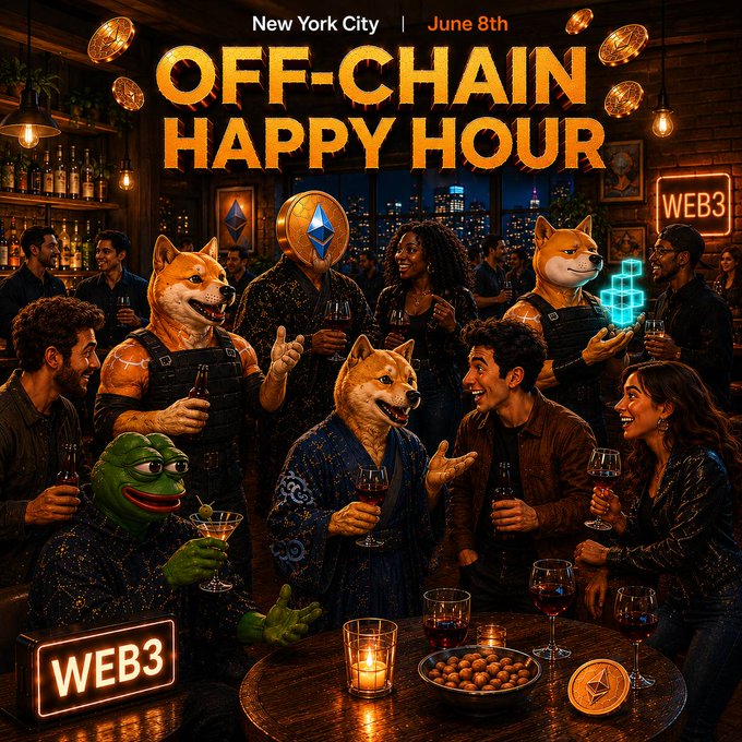 The image features a group of people gathered around a table, enjoying drinks and conversation. The scene takes place at an off-chain happy hour event with a Web 3.0 theme. There are several people present, including one person wearing a dog mask holding a drink in their hand. A wine glass can also be seen on the table among other items like a bowl of food and a cup.