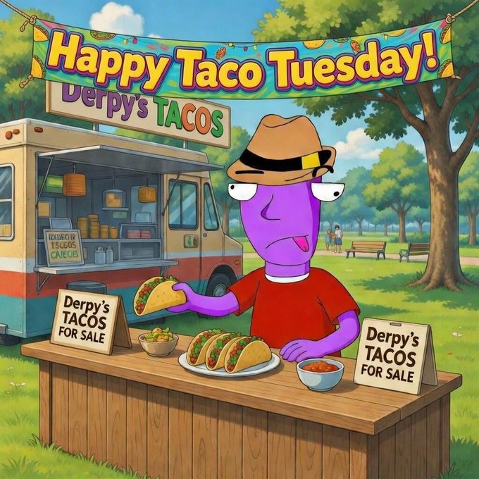 A purple-skinned cartoon character wearing a brown fedora and red shirt stands behind a wooden counter selling tacos, with a food truck labeled "Derpy's TACOS" in the background and banners reading "Happy Taco Tuesday!" and "Derpy's TACOS FOR SALE." The playful scene matches the post's cheerful Taco Tuesday theme, reinforcing the DerpyAF brand identity with its quirky mascot.