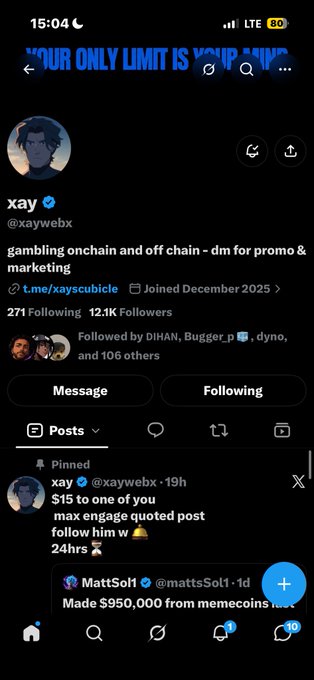 A Twitter/X profile for 'xay' (@xaywebx) showing 12.1K Followers, with a pinned post offering a $15 engagement post promotion.
