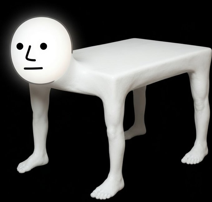 A surreal white table with human legs and feet stands against a black background, humorously personified as the "Manlet Table $MANSA" meme — a crypto token playing on the self-deprecating internet term "manlet" (a man of short stature). The absurd hybrid of furniture and limbs visually represents the awkward, low-effort parody nature of the coin.