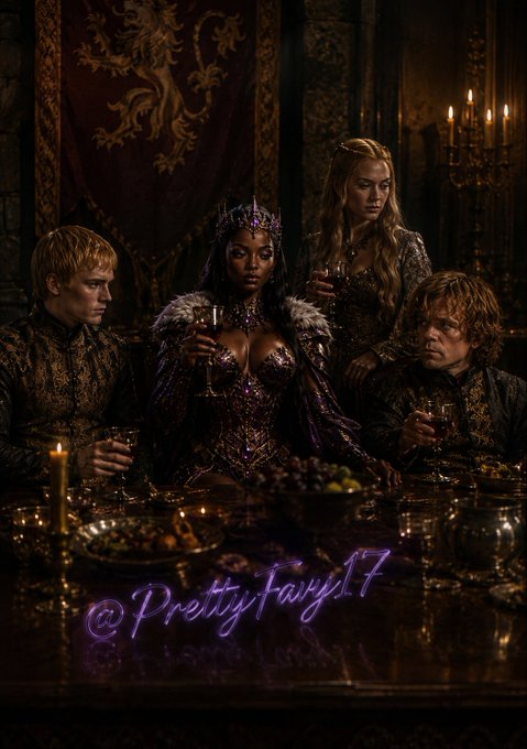 A dramatic fantasy-style scene shows four figures seated at a candlelit banquet table in medieval attire, with the central woman wearing an ornate purple gown and crown, marked with the watermark '@PrettyFairy17'.