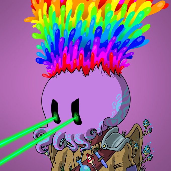 A digital artwork shows a purple octopus-like character with rainbow-colored hair shooting green laser beams from its eyes, surrounded by treasure items like bottles and a sword against a purple background.