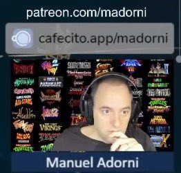 The image shows a man wearing headphones holding his hand over his mouth as he looks into the camera. On the computer screen behind him there's an advertisement for Cafecito. The post is related to this, with Manuel Adorni asking people to make donations on Cafecito and stating that $500,000 in Bitcoin will be donated from the account of "Manuel Adorni". There are several titles and logos displayed on the screen alongside text which is not clear enough for a full understanding.